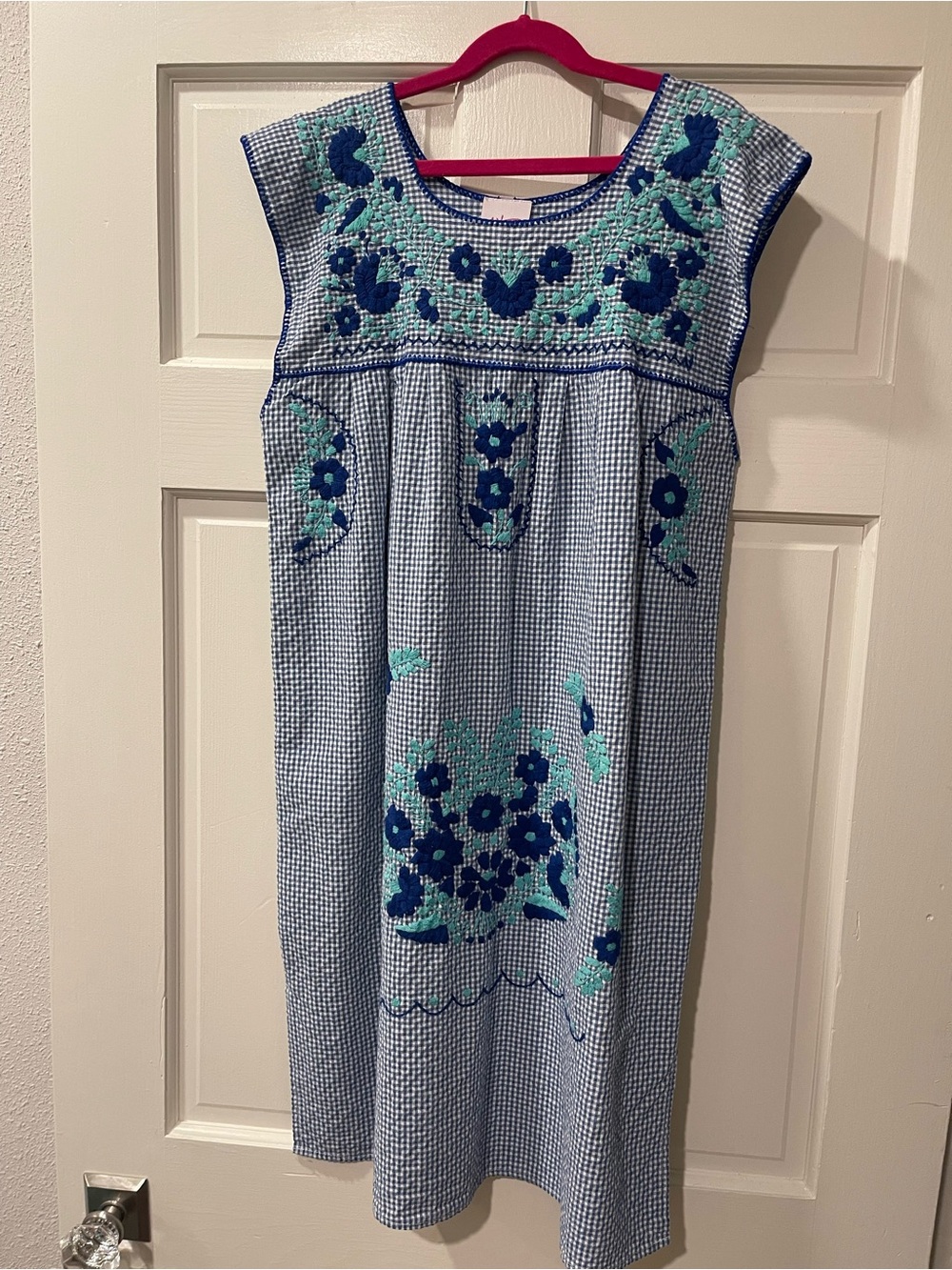 Blue Gingham Seersucker Embroidered Midi Dress